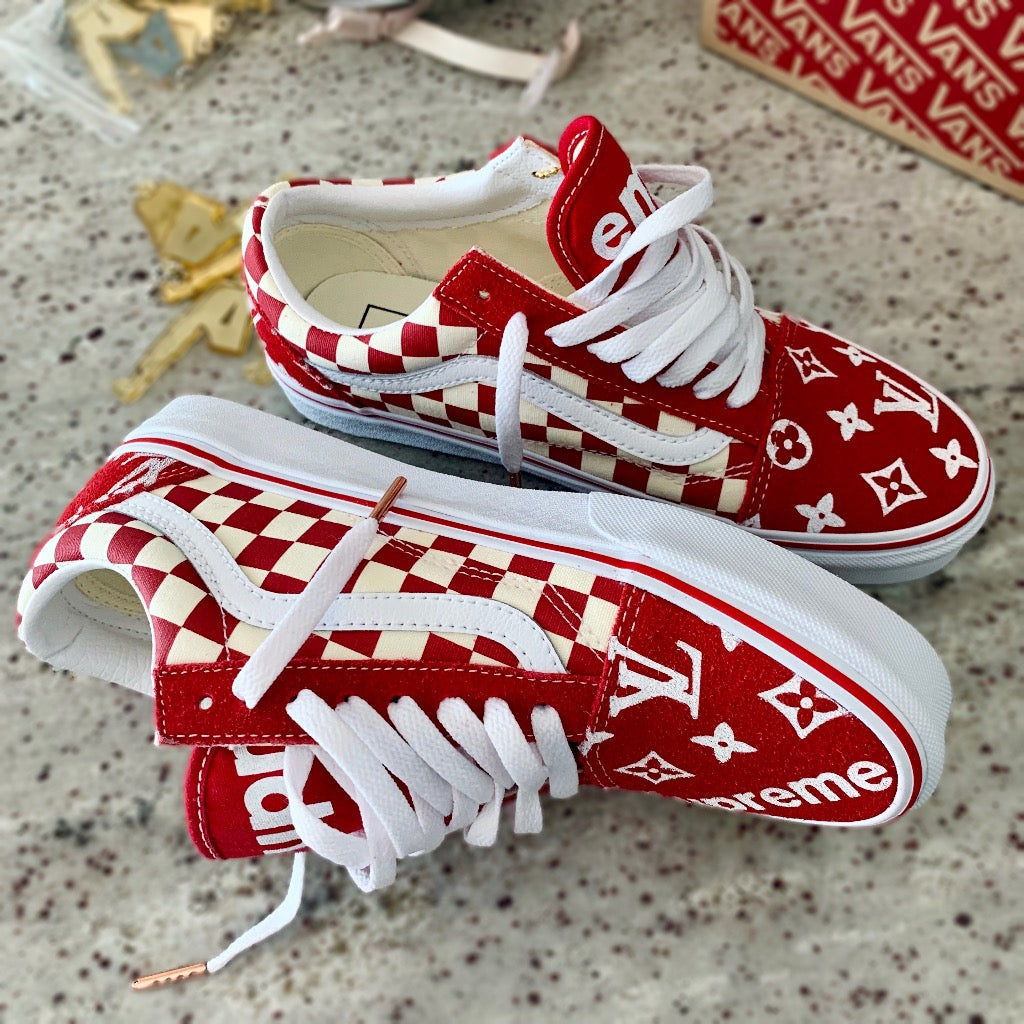 Red and white store supreme vans